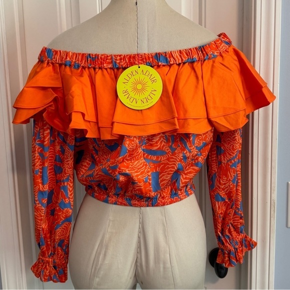 NEW Alden Adair Small Kelly Top ~ Orange Tigers Off Shoulder Ruffle Cropped - Picture 2 of 7
